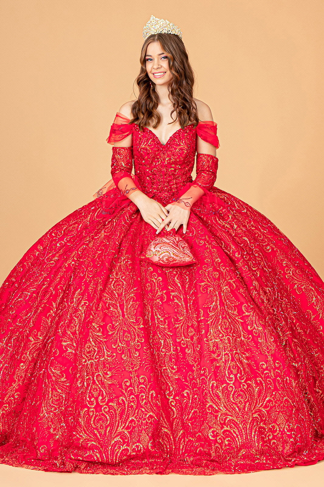 Jewel Mesh w/ Mini Bag and Separate Long Sleeves Quinceanera Dress GLGL3073-0